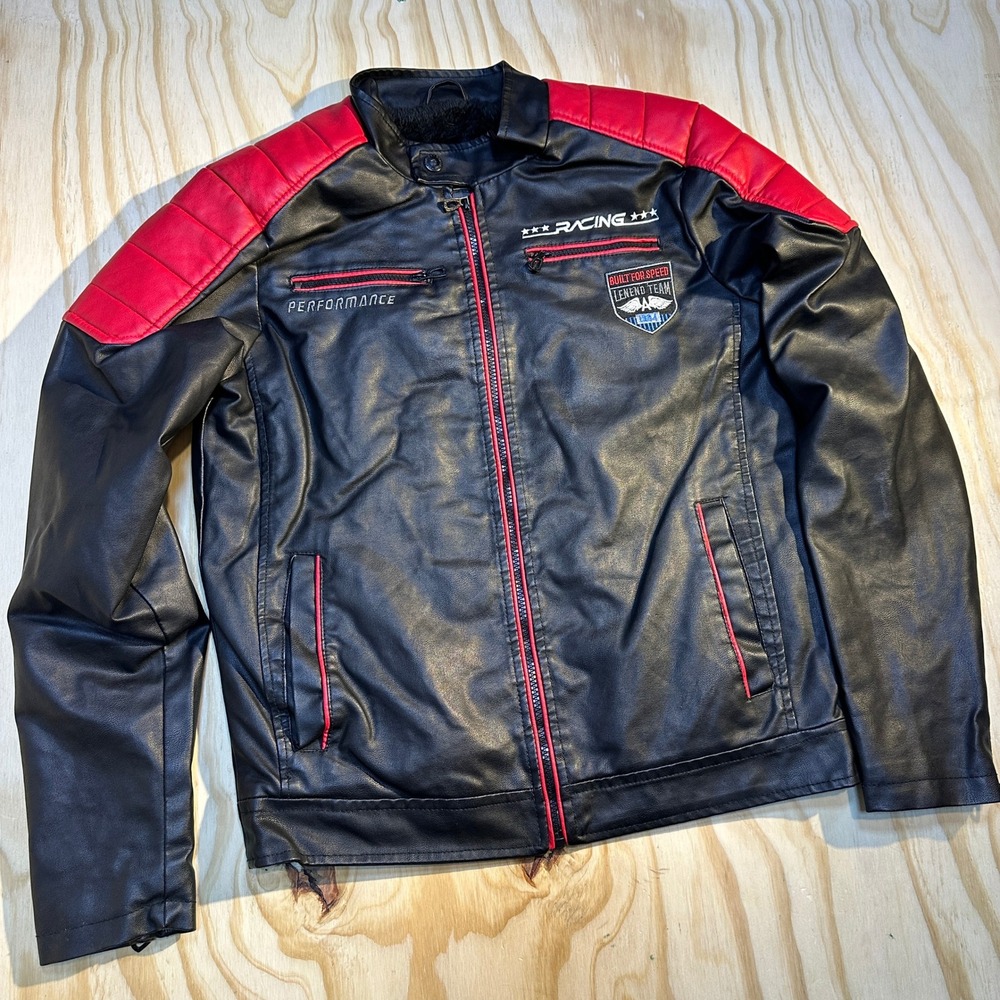 Distortion Mens Small Black Red Faux Leather Racing Moto Jacket Faux Fur Lined